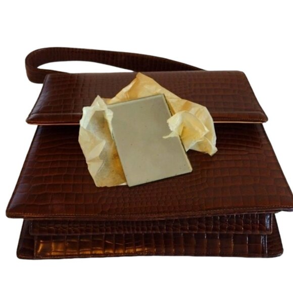 Vintage Classic Bag by Camel, Cognac Brown Faux Alligator Skin Finish - Picture 11 of 12